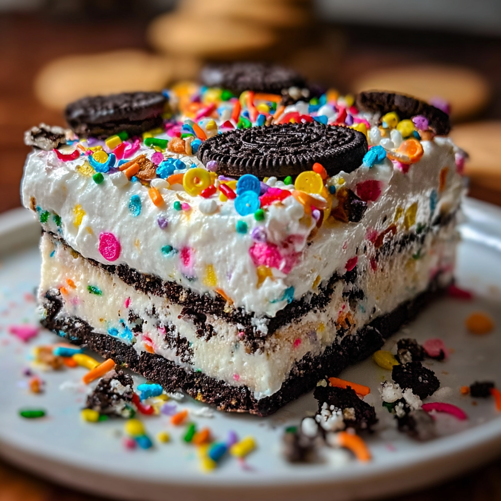 Slice of layered Funfetti Oreo Icebox on a plate