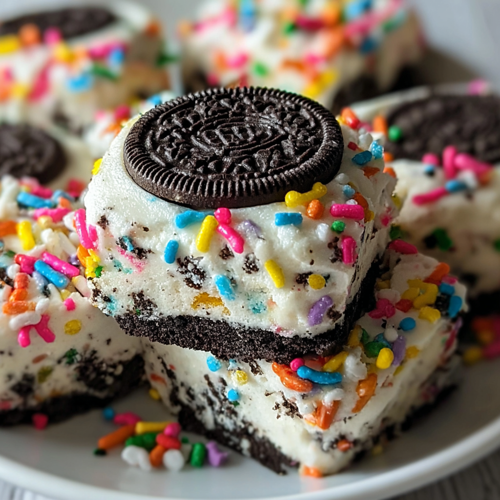 Close-up of Funfetti Oreo Icebox in a pan with sprinkles