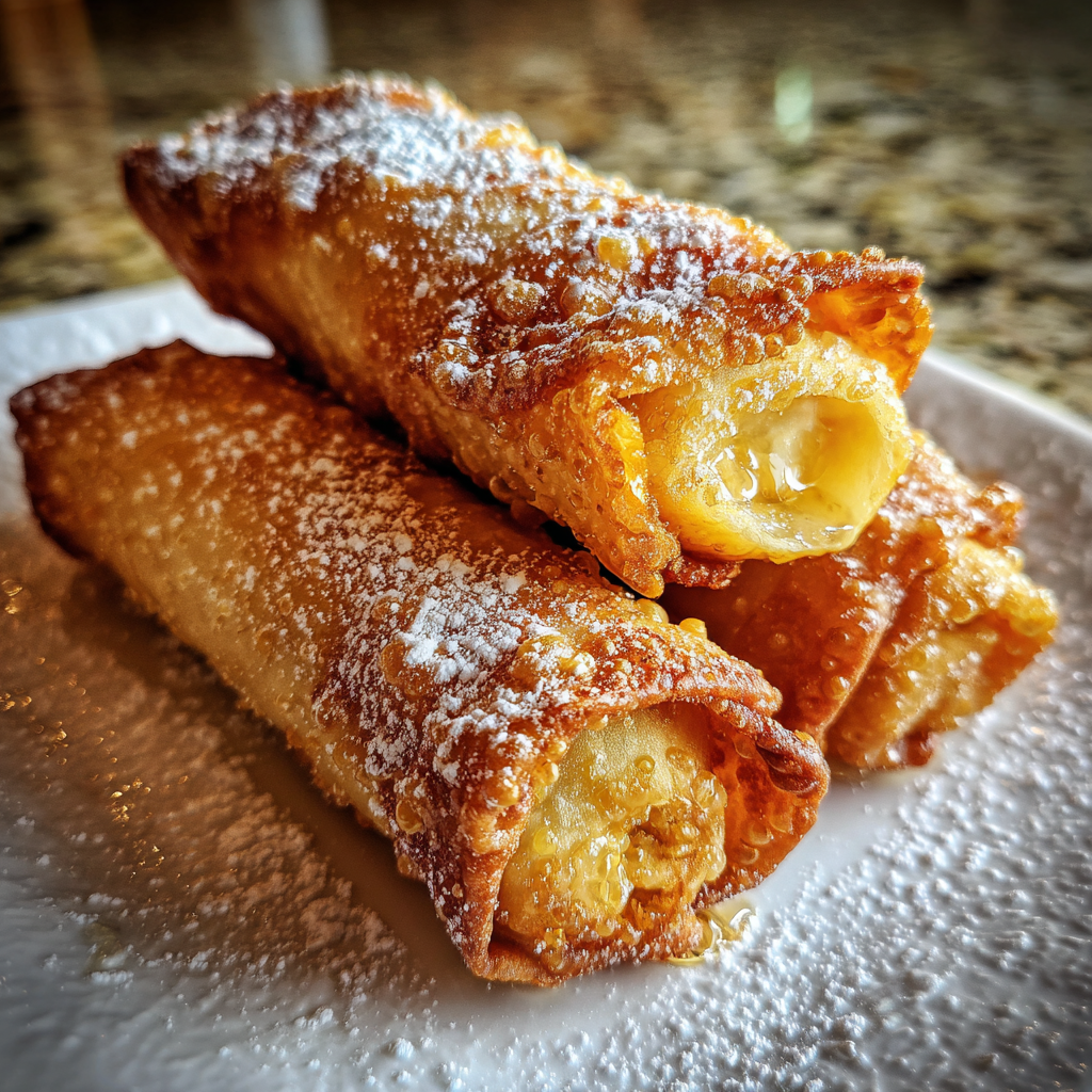 Brisket-stuffed egg rolls on a platter with honey drizzle
