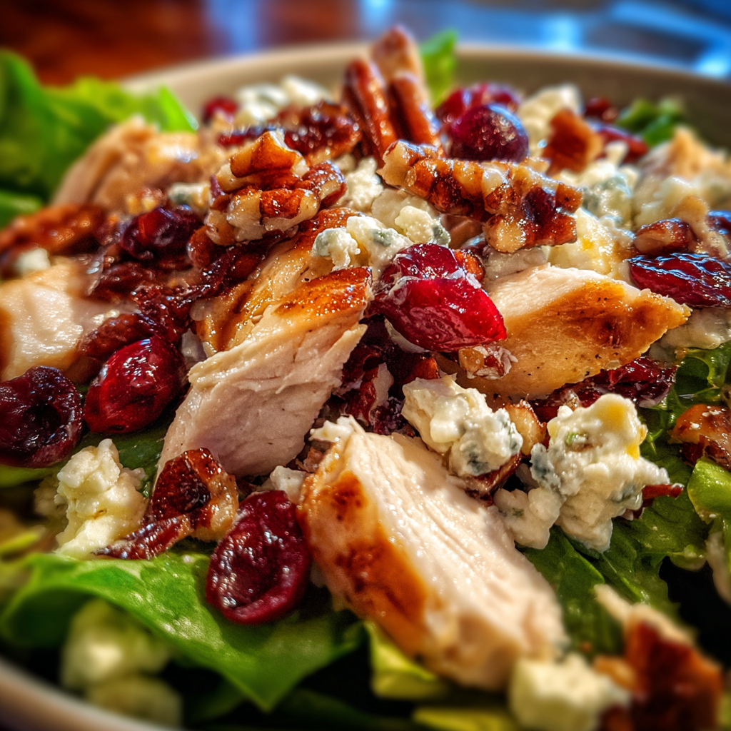 Cranberry pecan chicken salad served on greens