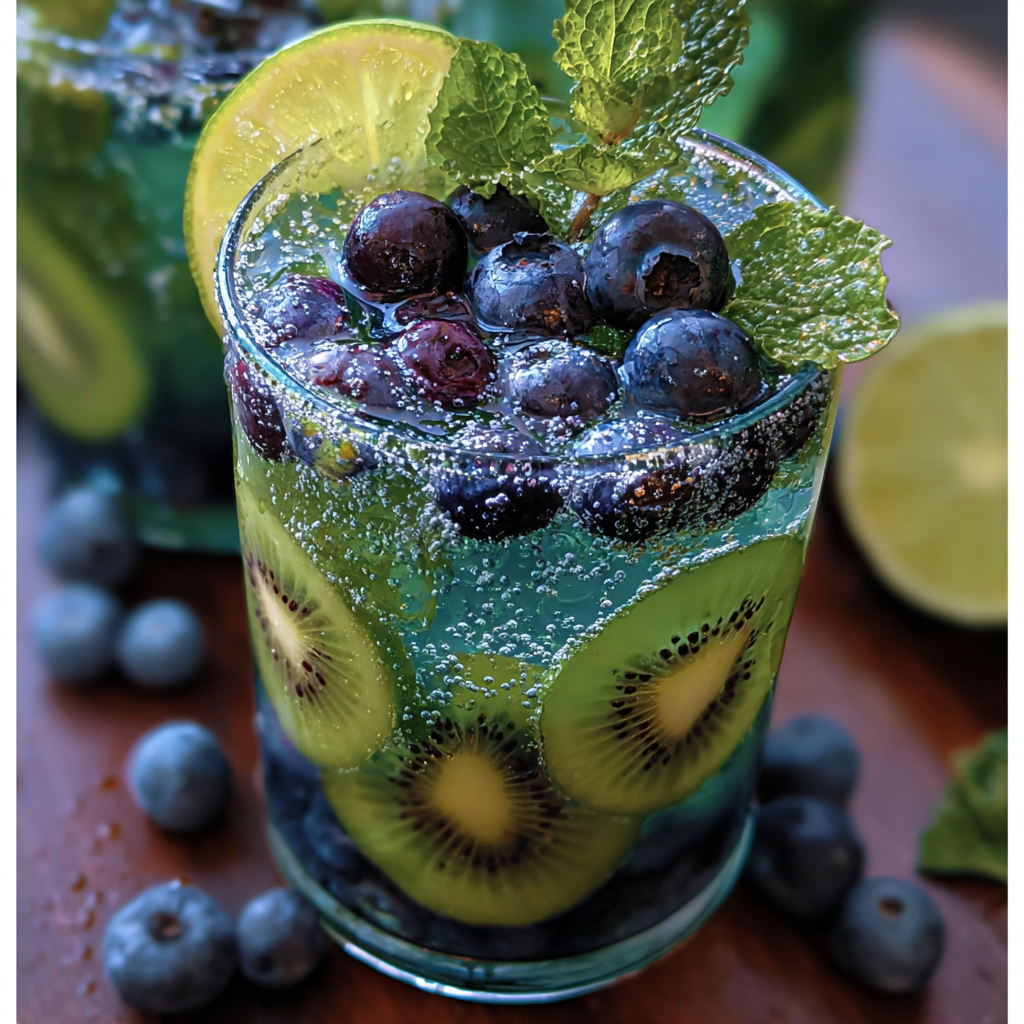 Pitcher and glasses of kiwi blueberry mojito with mint