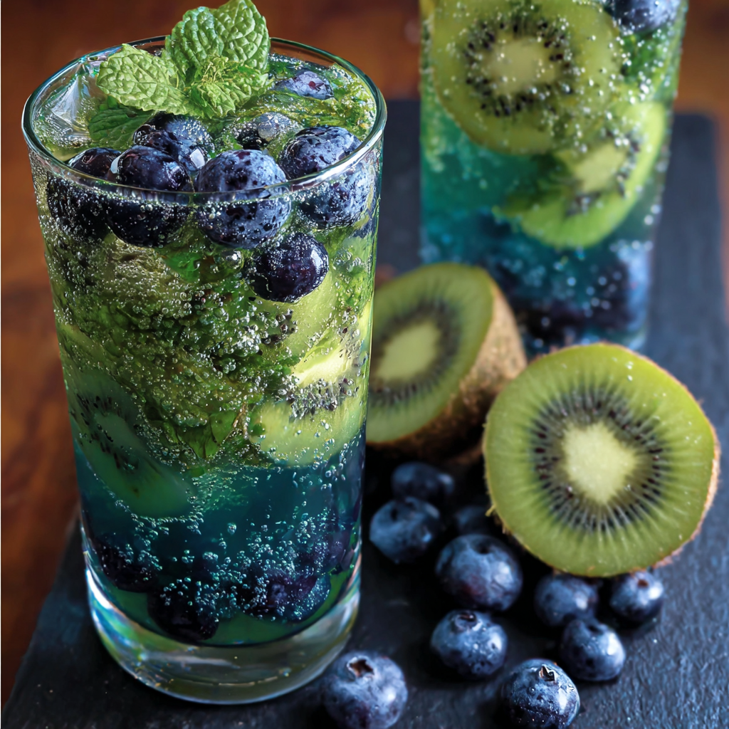 Close-up of garnished kiwi blueberry mojito glass
