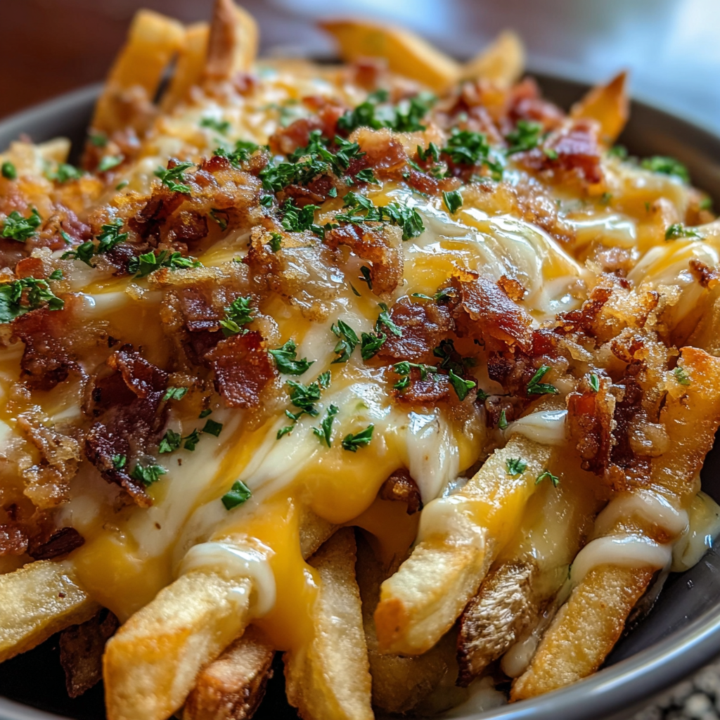 Loaded fries with melted cheese and parsley on top