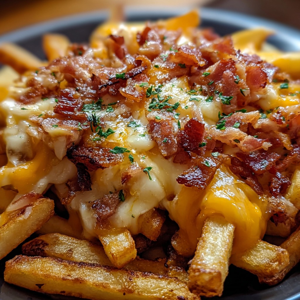 Crispy fries with cheese and bacon being assembled