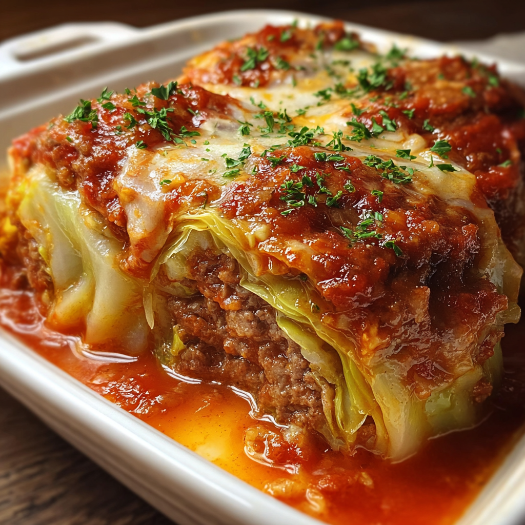 Close-up of stuffed cabbage roll casserole in dish