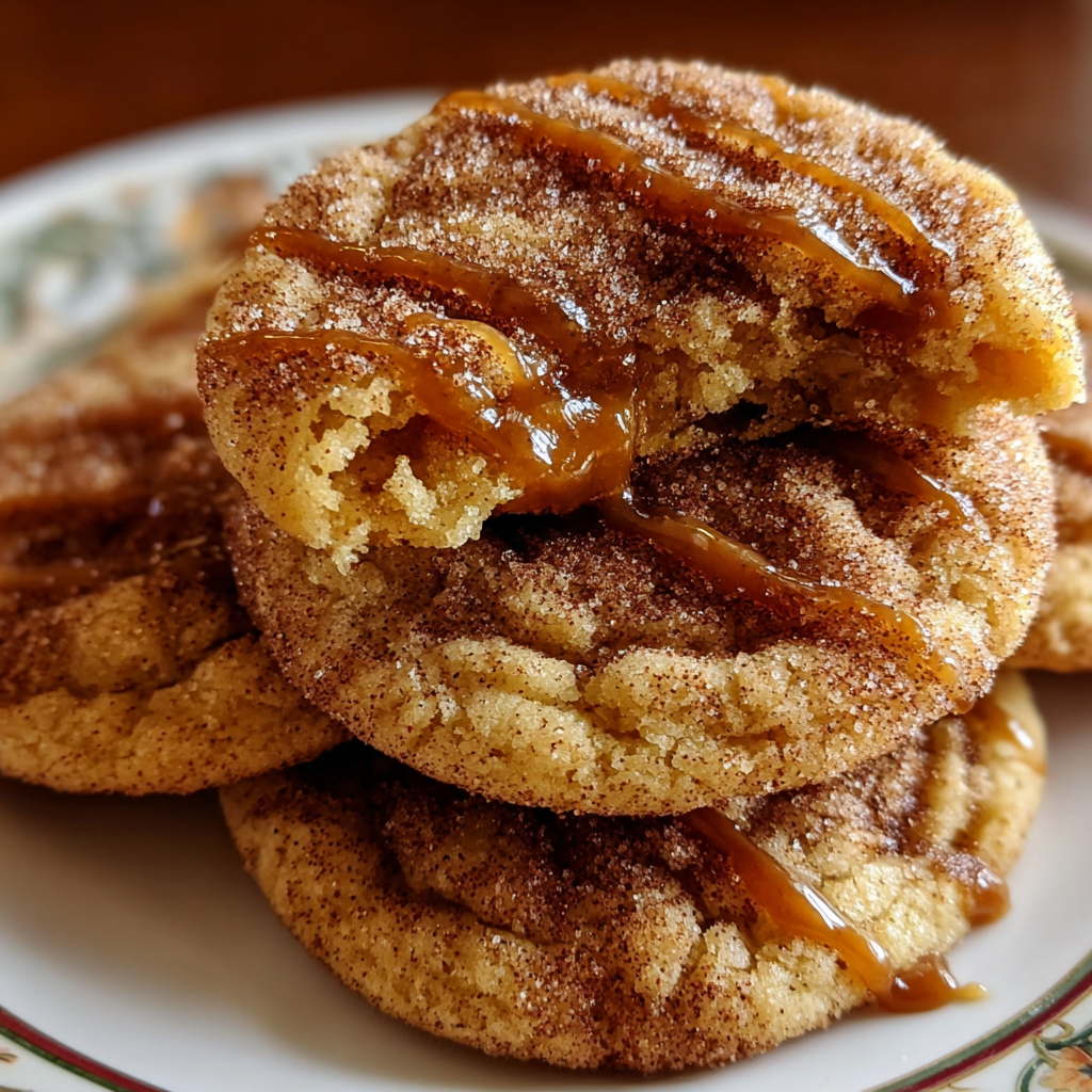Tray of brown sugar cinnamon caramel cookies fresh from the oven
