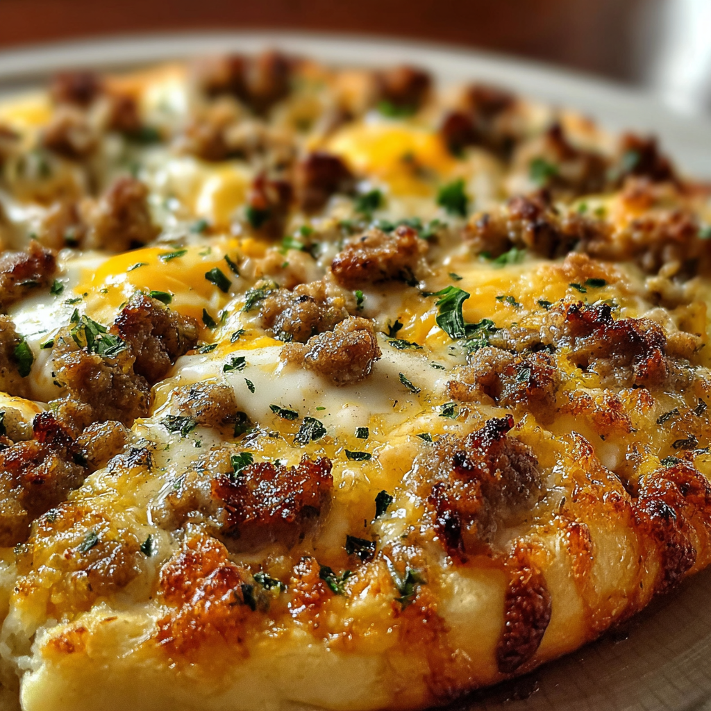 Sliced breakfast pizza with melted cheese