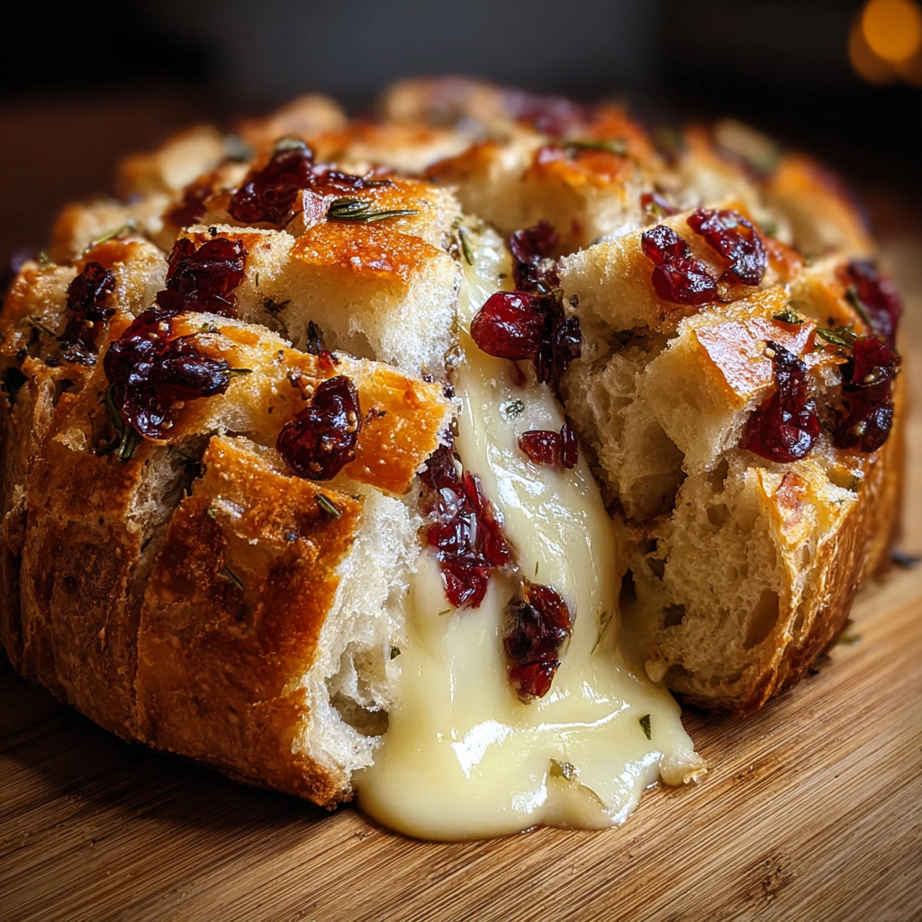 Baked sourdough loaf with melted Brie and cranberries