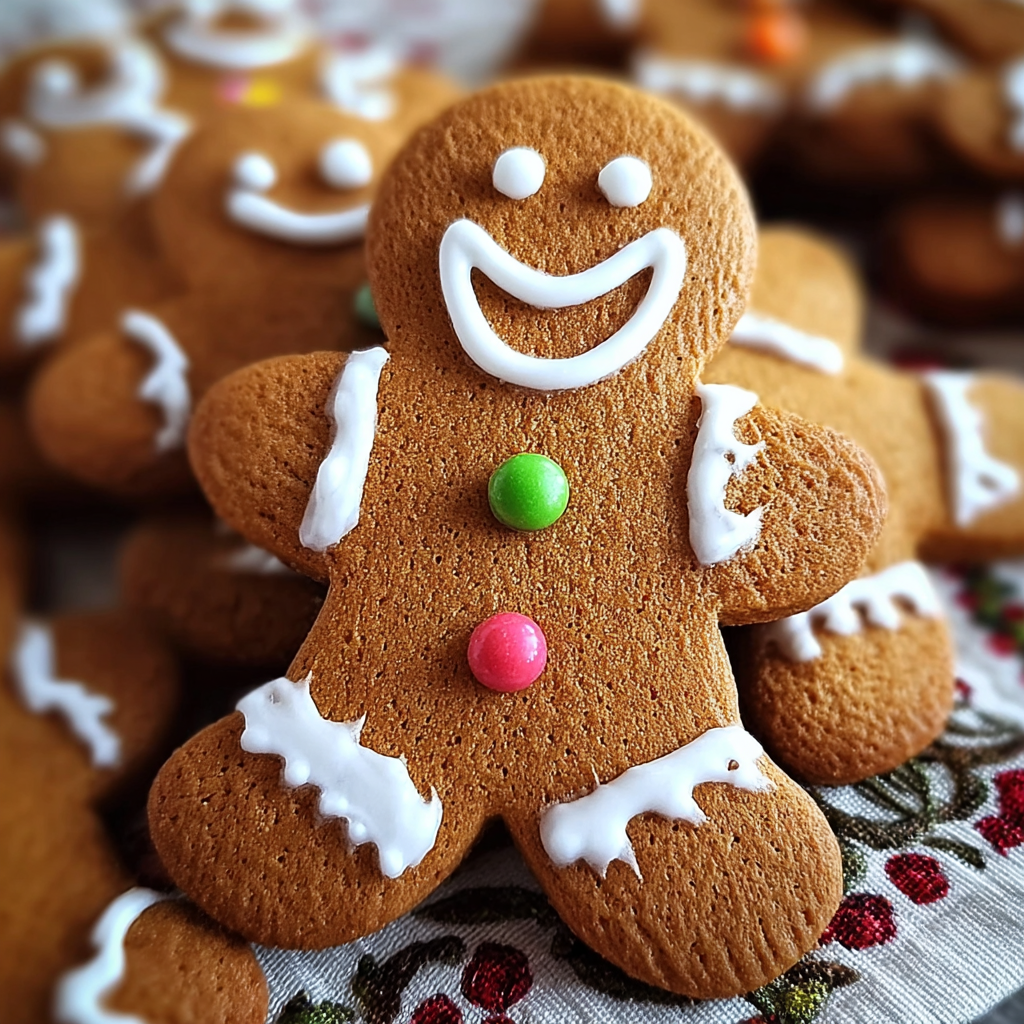 Freshly baked gingerbread man cookies cooling on rack