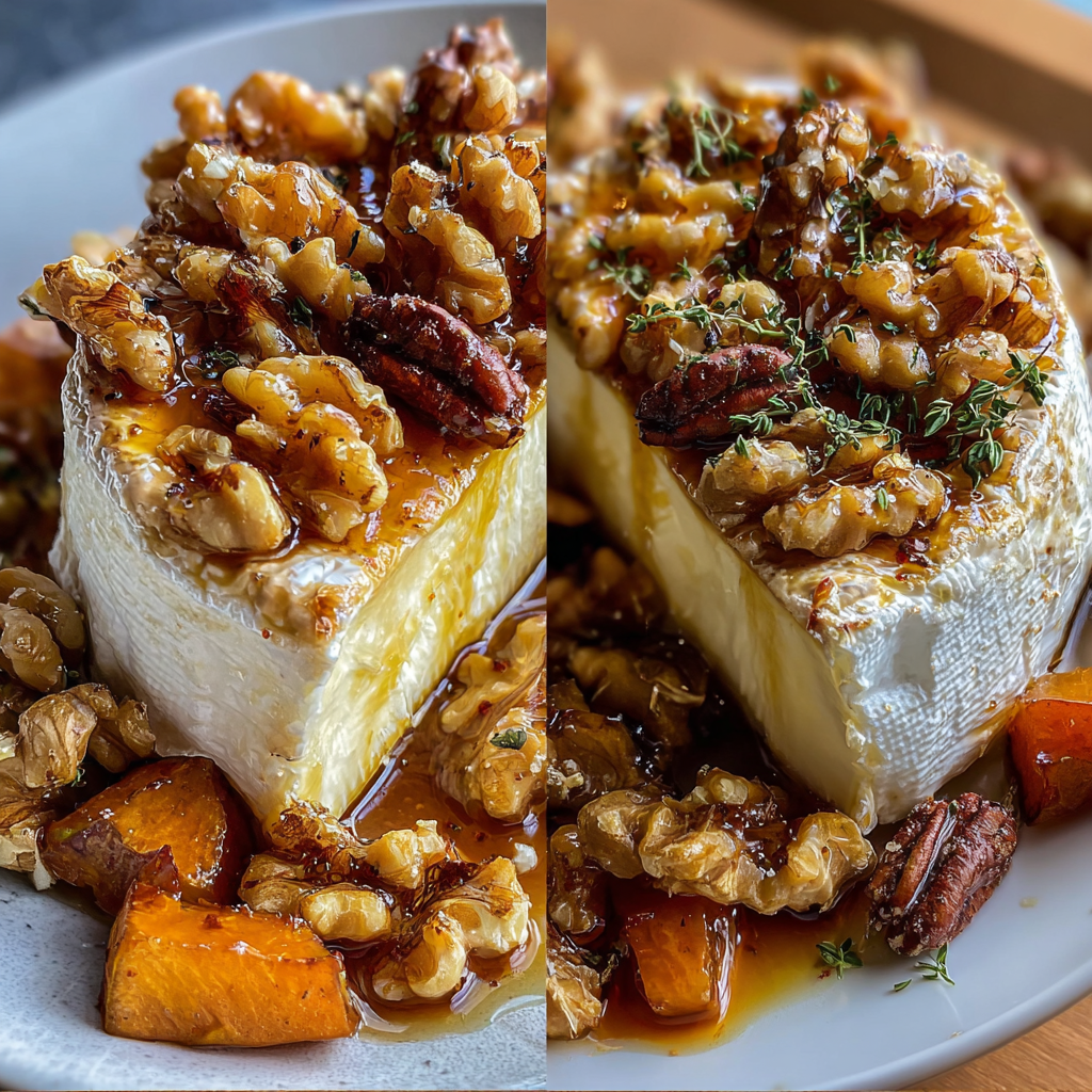 Finished sweet potatoes with goat cheese and walnuts on a platter