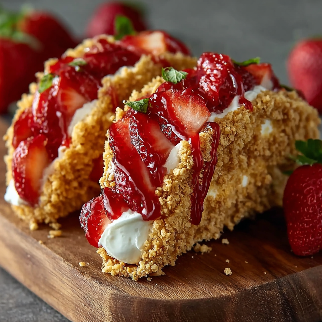 White chocolate coated taco shells with strawberry crunch