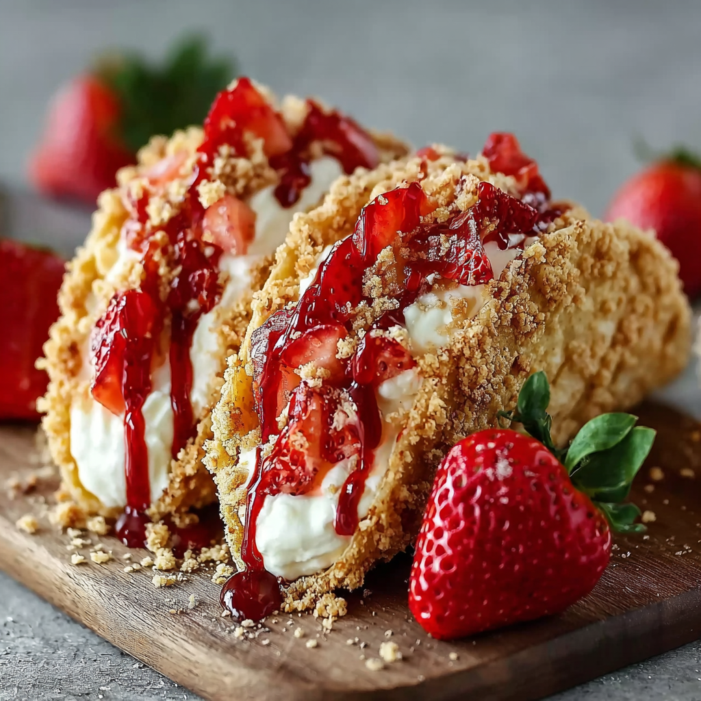 Filled cheesecake tacos with fresh strawberry slices