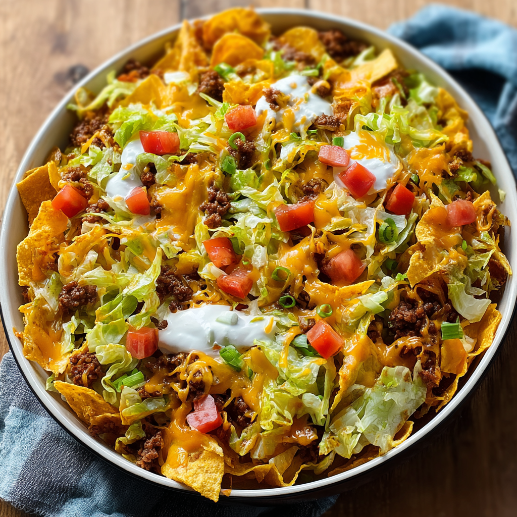 Close-up of Fritos topping and melted cheddar on casserole